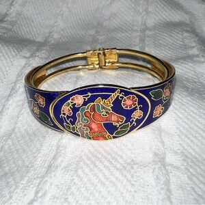 Vintage Cloisonné Unicorn Hinged Bangle Bracelet.
